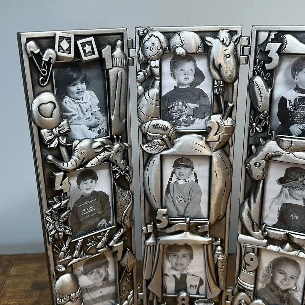 Pewter‎ Photo Frame Tri Fold Multi Photo Collage  Hinged 10.5” First Nine Years